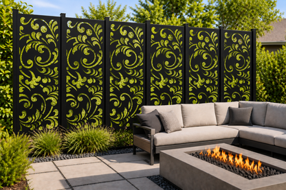 Design 221 Bold Acanthus Cascade Laser Cut Metal Privacy Screen Panel installed garden daylight view