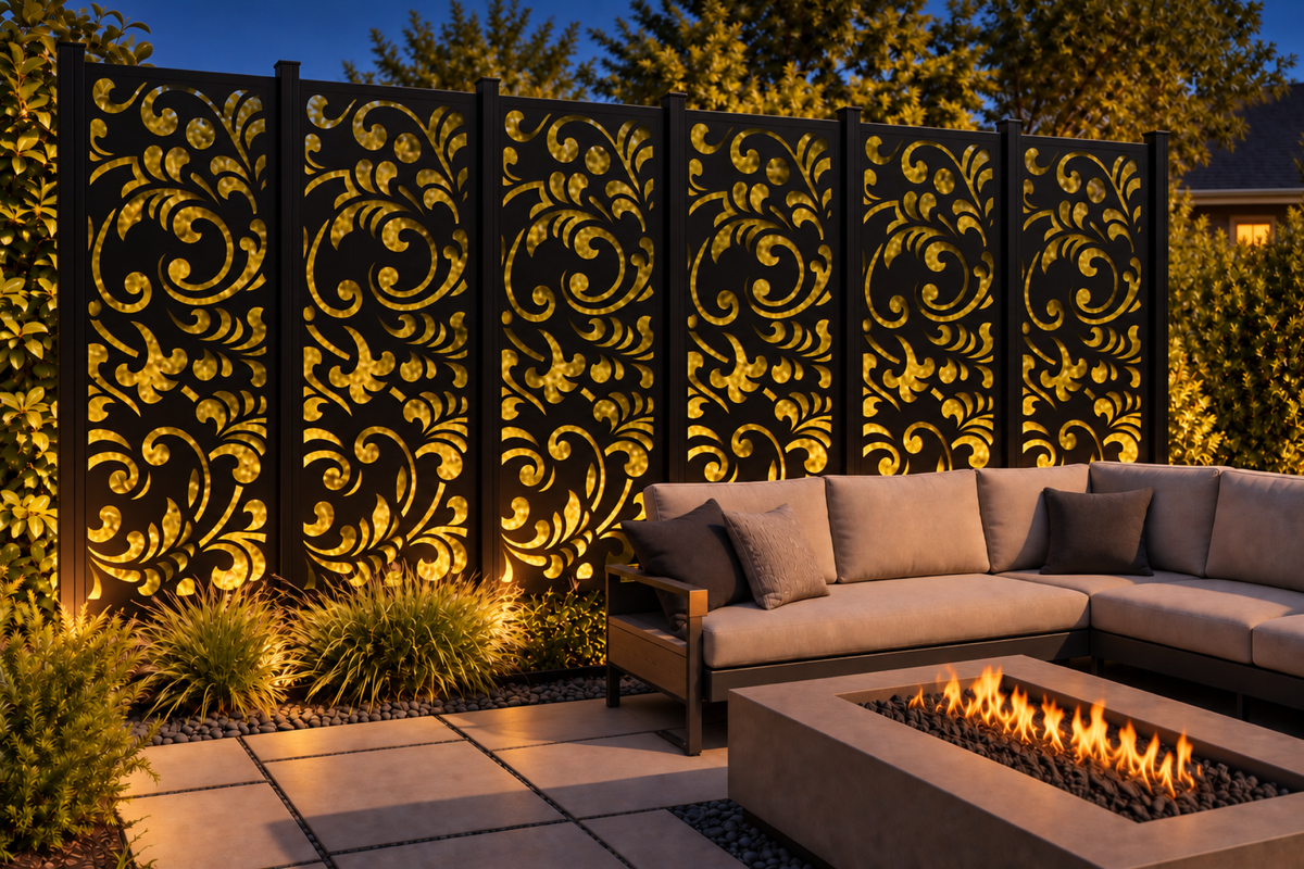 Design 221 Bold Acanthus Cascade Laser Cut Metal Privacy Screen Panel installed garden night lighting view