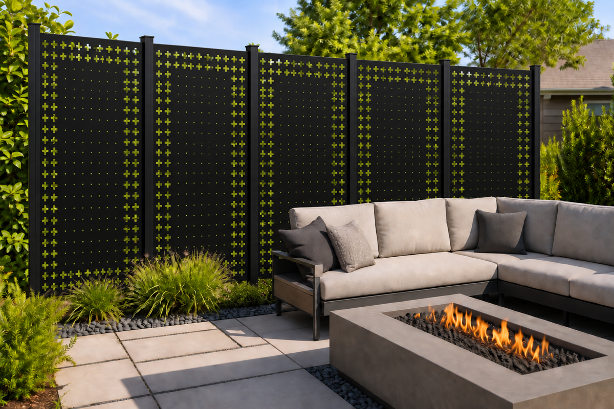 Design 222 Cross Dot Gradient Laser Cut Metal Privacy Screen Panel installed garden daylight view