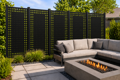 Design 222 Cross Dot Gradient Laser Cut Metal Privacy Screen Panel installed garden daylight view