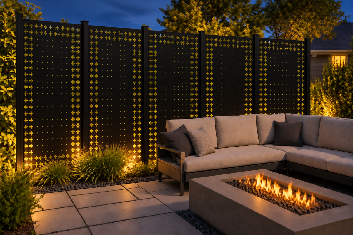 Design 222 Cross Dot Gradient Laser Cut Metal Privacy Screen Panel installed garden night lighting view
