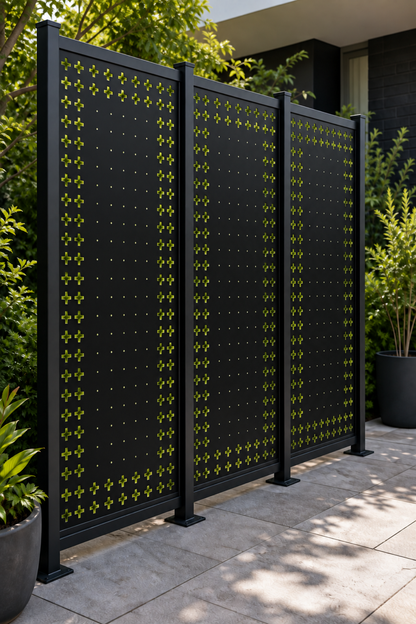 Design 222 Cross Dot Gradient Laser Cut Metal Privacy Screen Panel oblique angle view
