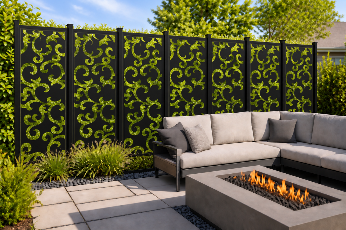 Design 223 Mirrored Acanthus Flourish Laser Cut Metal Privacy Screen Panel installed garden daylight view