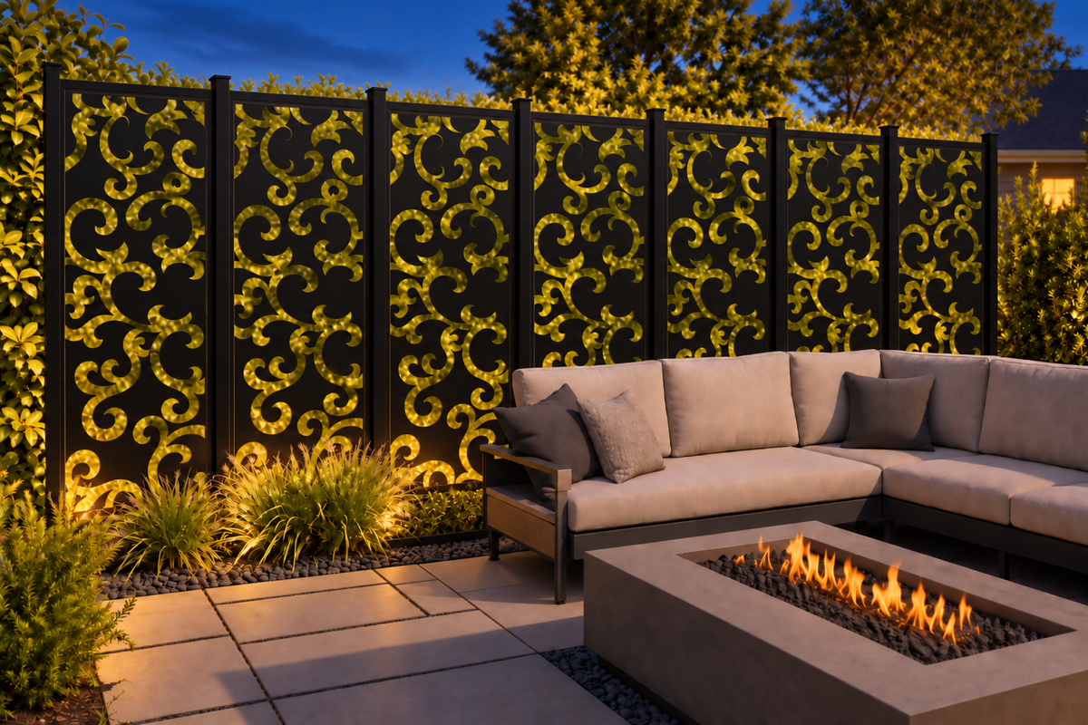 Design 223 Mirrored Acanthus Flourish Laser Cut Metal Privacy Screen Panel installed garden night lighting view