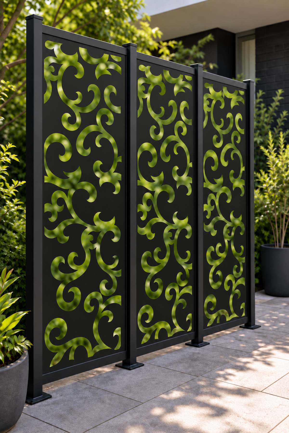 Design 223 Mirrored Acanthus Flourish Laser Cut Metal Privacy Screen Panel oblique angle view