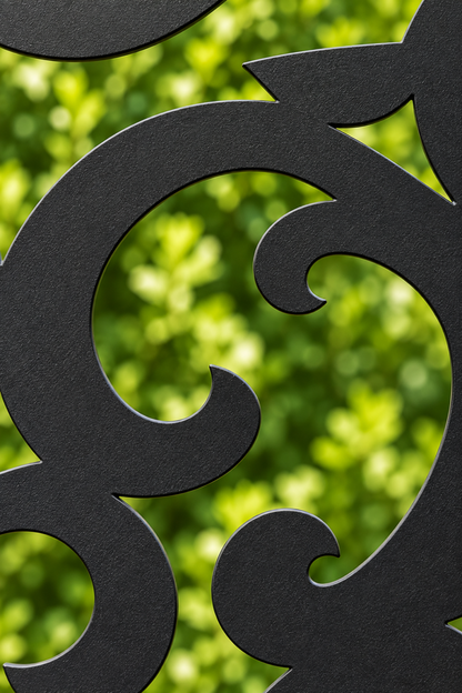 Design 223 Mirrored Acanthus Flourish Laser Cut Metal Privacy Screen Panel close-up detail view
