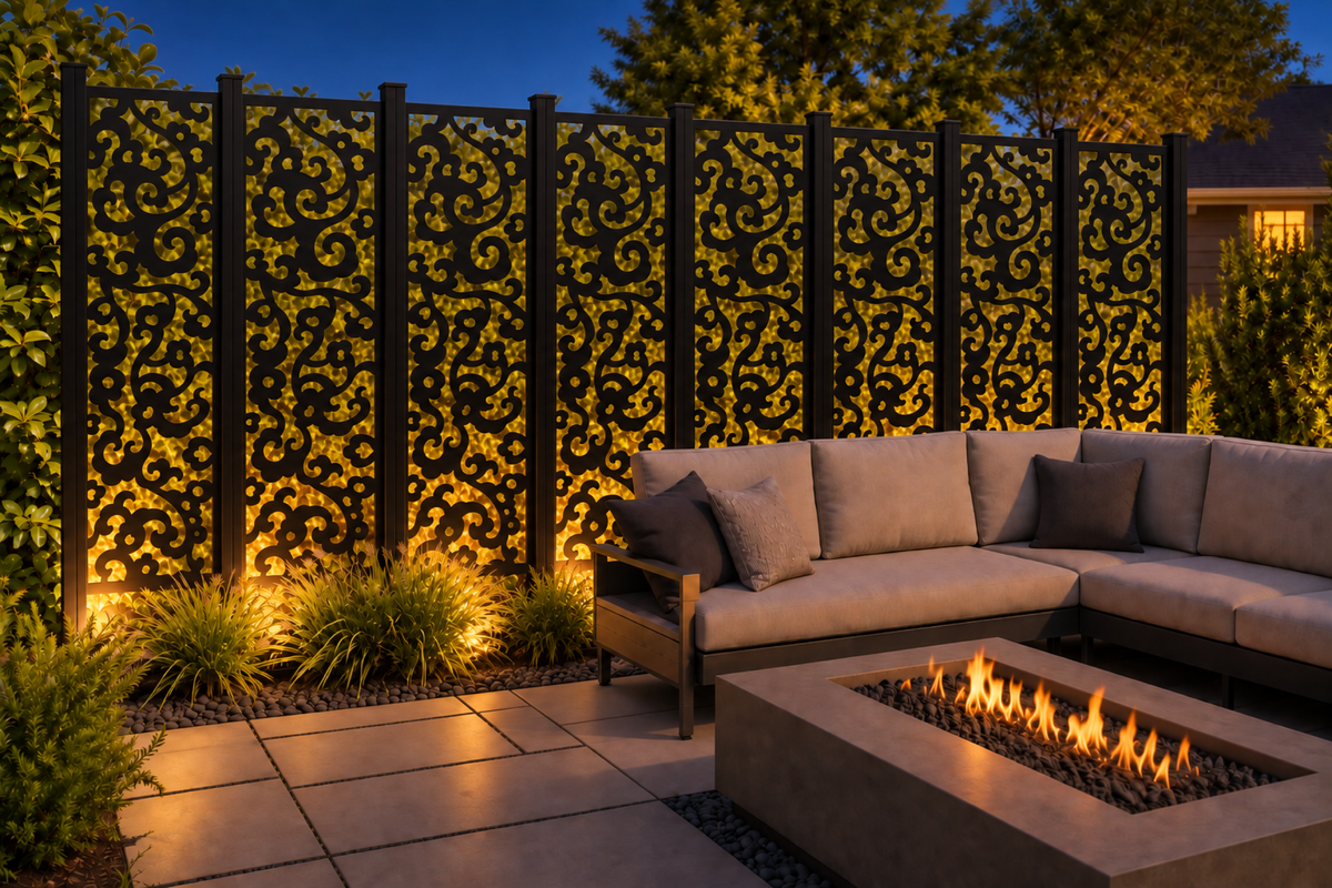 Design 224 Scalloped Cloud Scroll Laser Cut Metal Privacy Screen Panel installed garden night lighting view