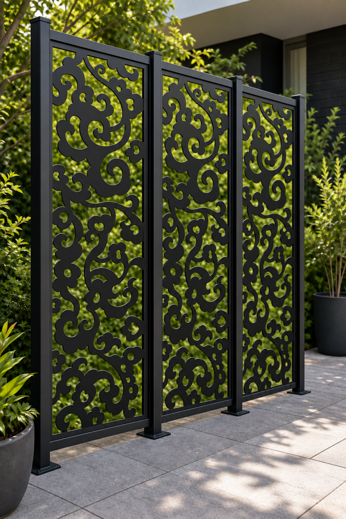 Design 224 Scalloped Cloud Scroll Laser Cut Metal Privacy Screen Panel oblique angle view