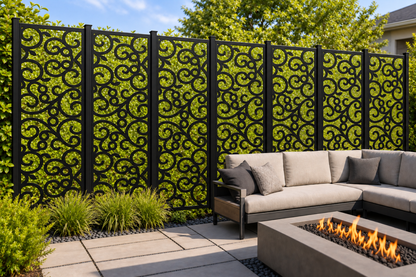 Design 225 Open Loop Scroll Laser Cut Metal Privacy Screen Panel installed garden daylight view