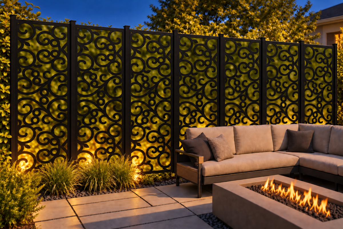 Design 225 Open Loop Scroll Laser Cut Metal Privacy Screen Panel installed garden night lighting view