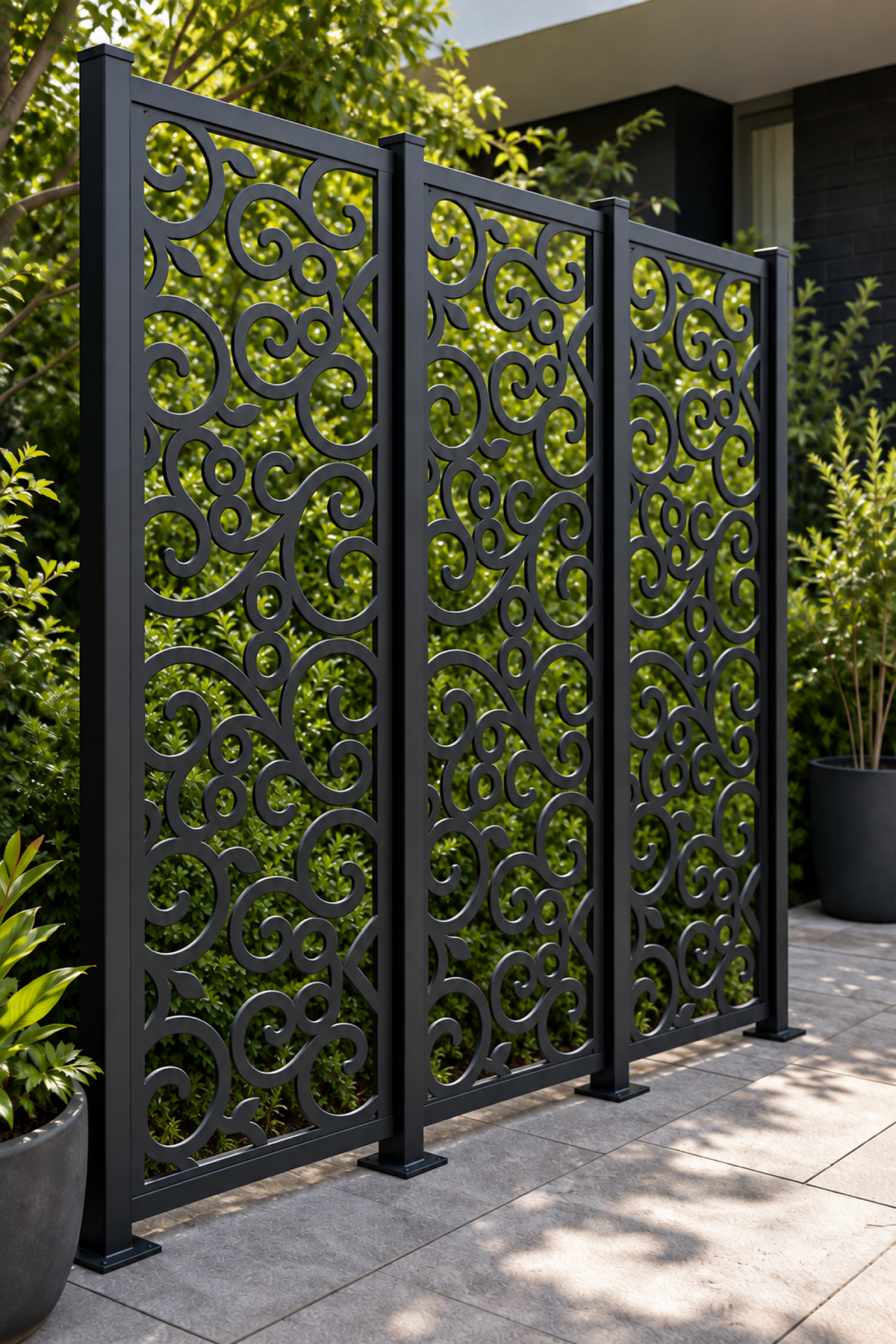 Design 225 Open Loop Scroll Laser Cut Metal Privacy Screen Panel oblique angle view