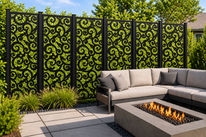 Design 226 Medallion Cloud Scroll Laser Cut Metal Privacy Screen Panel installed garden daylight view