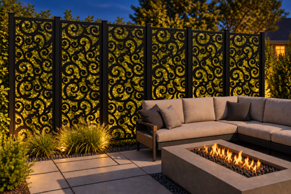Design 226 Medallion Cloud Scroll Laser Cut Metal Privacy Screen Panel installed garden night lighting view