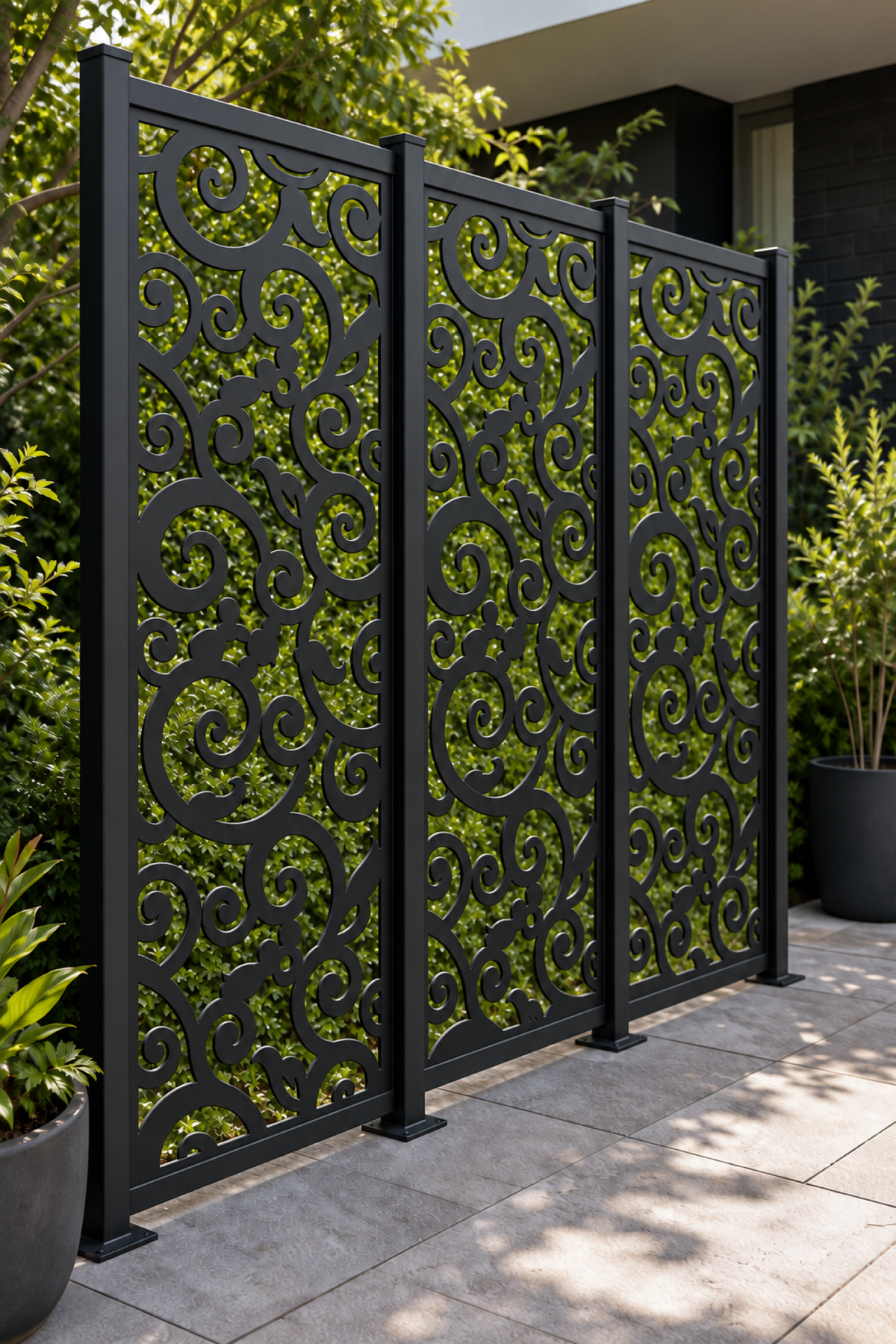 Design 226 Medallion Cloud Scroll Laser Cut Metal Privacy Screen Panel oblique angle view