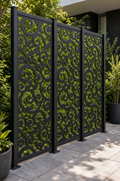 Design 226 Medallion Cloud Scroll Laser Cut Metal Privacy Screen Panel oblique angle view