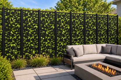 Design 227 Climbing Ivy Silhouette Laser Cut Metal Privacy Screen Panel installed garden daylight view