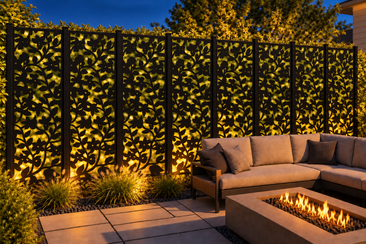 Design 227 Climbing Ivy Silhouette Laser Cut Metal Privacy Screen Panel installed garden night lighting view
