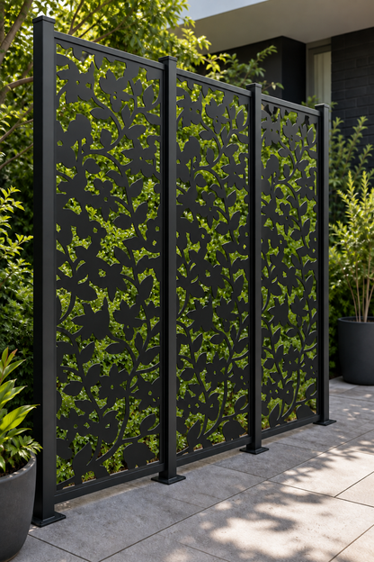 Design 227 Climbing Ivy Silhouette Laser Cut Metal Privacy Screen Panel oblique angle view