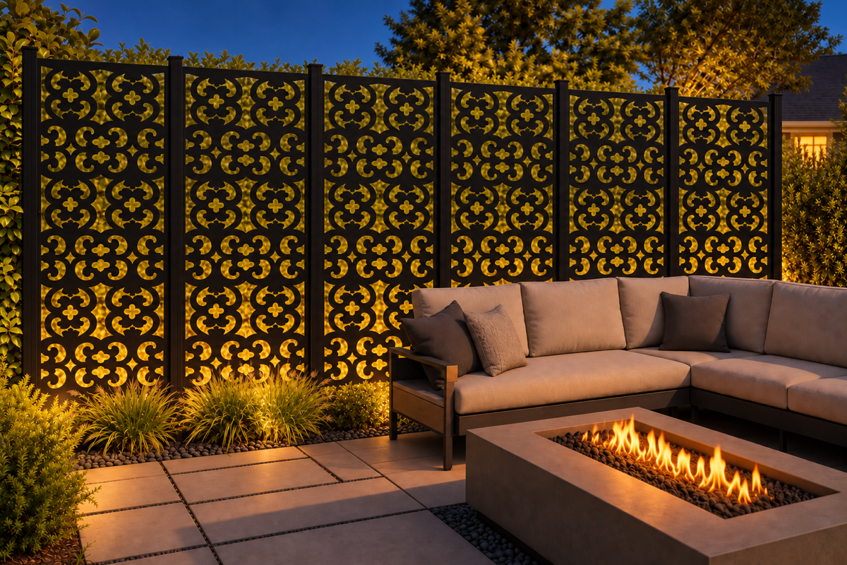 Design 228 Floral Quatrefoil Tile Laser Cut Metal Privacy Screen Panel installed garden night lighting view
