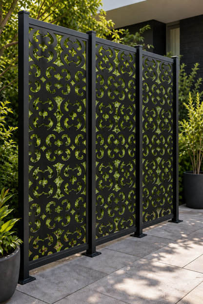 Design 228 Floral Quatrefoil Tile Laser Cut Metal Privacy Screen Panel oblique angle view