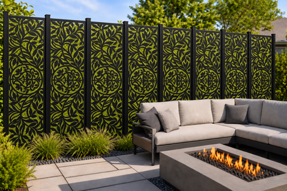 Design 229 Leaf Medallion Column Laser Cut Metal Privacy Screen Panel installed garden daylight view