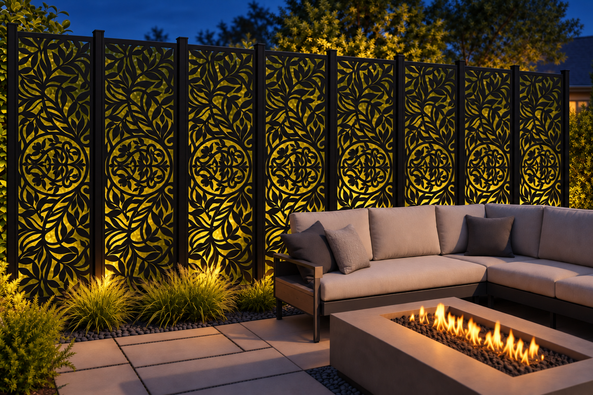 Design 229 Leaf Medallion Column Laser Cut Metal Privacy Screen Panel installed garden night lighting view