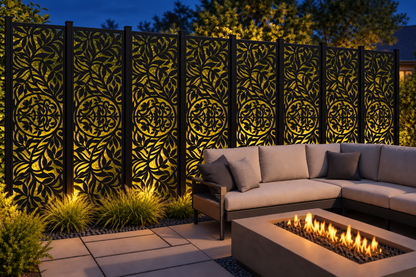 Design 229 Leaf Medallion Column Laser Cut Metal Privacy Screen Panel installed garden night lighting view