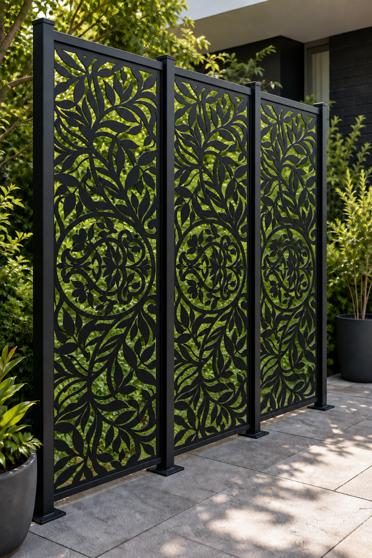 Design 229 Leaf Medallion Column Laser Cut Metal Privacy Screen Panel oblique angle view