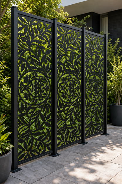 Design 229 Leaf Medallion Column Laser Cut Metal Privacy Screen Panel oblique angle view
