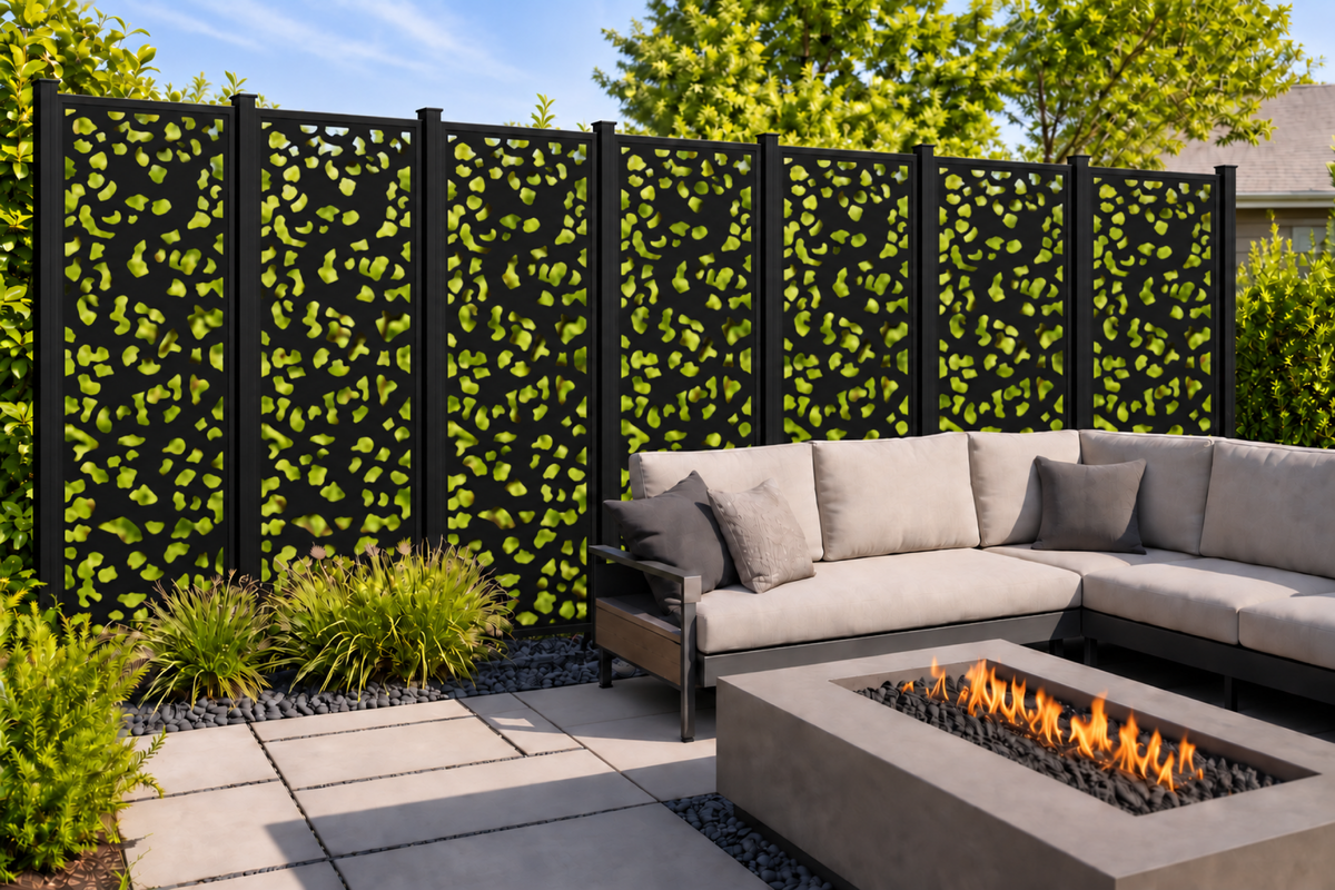 Design 230 Organic Pebble Cutout Laser Cut Metal Privacy Screen Panel installed garden daylight view
