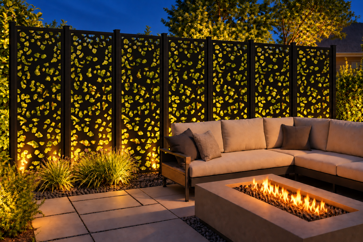 Design 230 Organic Pebble Cutout Laser Cut Metal Privacy Screen Panel installed garden night lighting view