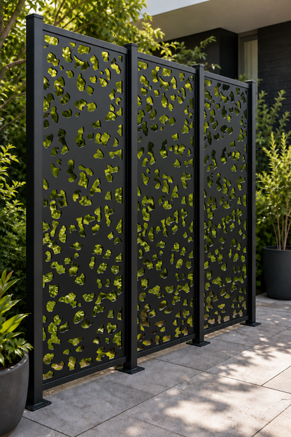 Design 230 Organic Pebble Cutout Laser Cut Metal Privacy Screen Panel oblique angle view