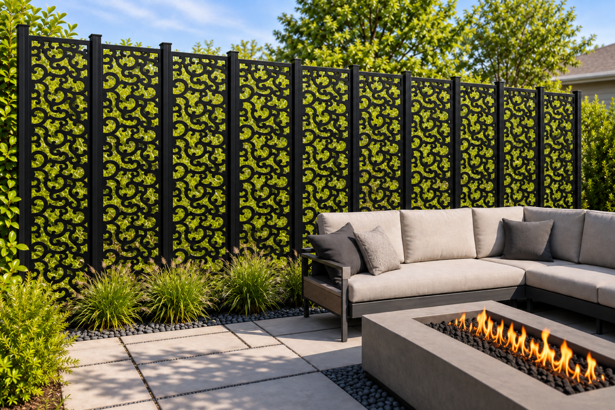 Design 231 Compact Cloud Scroll Laser Cut Metal Privacy Screen Panel installed garden daylight view