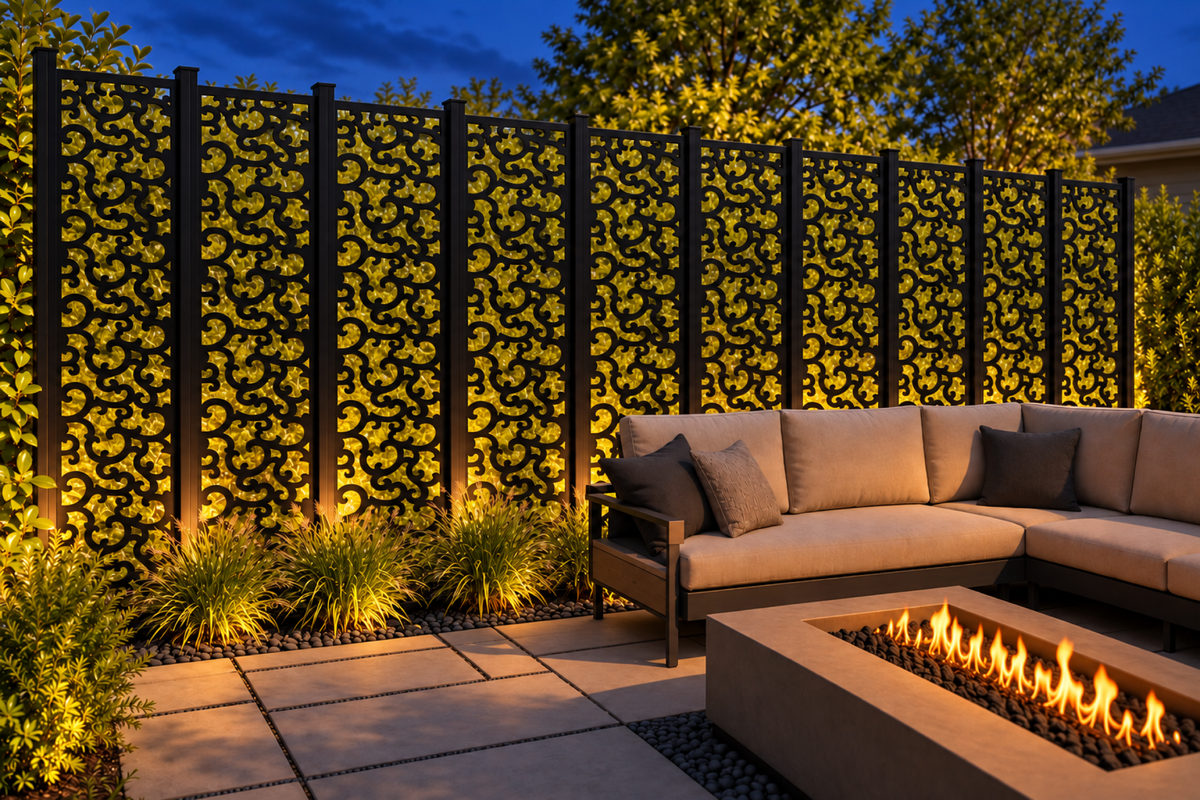 Design 231 Compact Cloud Scroll Laser Cut Metal Privacy Screen Panel installed garden night lighting view