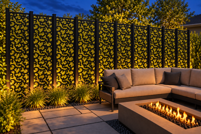 Design 231 Compact Cloud Scroll Laser Cut Metal Privacy Screen Panel installed garden night lighting view