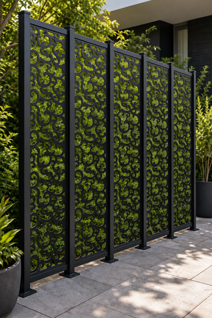 Design 231 Compact Cloud Scroll Laser Cut Metal Privacy Screen Panel oblique angle view