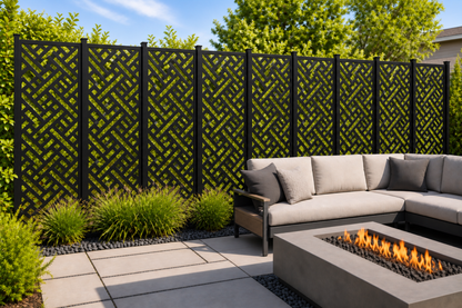 Design 232 Diagonal Basket Weave Laser Cut Metal Privacy Screen Panel installed garden daylight view