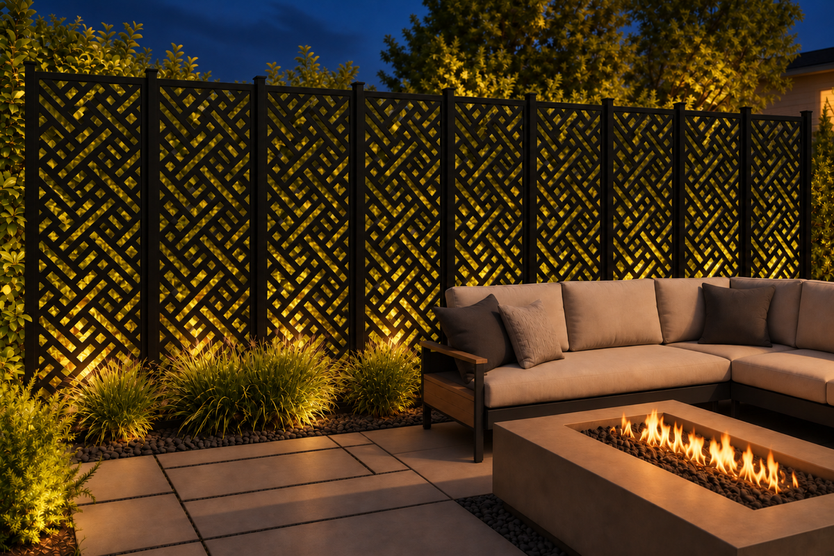 Design 232 Diagonal Basket Weave Laser Cut Metal Privacy Screen Panel installed garden night lighting view