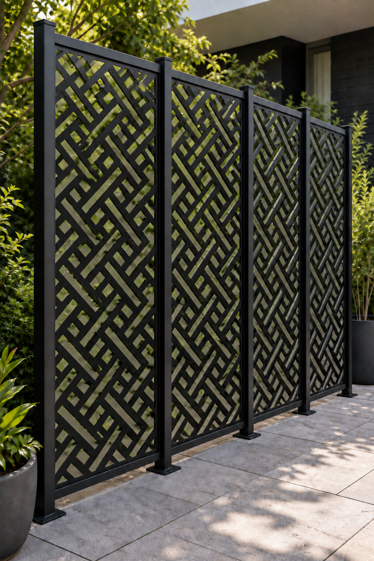 Design 232 Diagonal Basket Weave Laser Cut Metal Privacy Screen Panel oblique angle view
