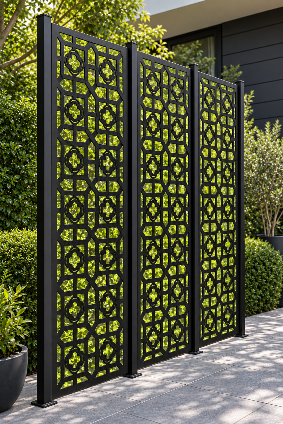 Design 233 Octagon Floral Grid Laser Cut Metal Privacy Screen Panel oblique angle view