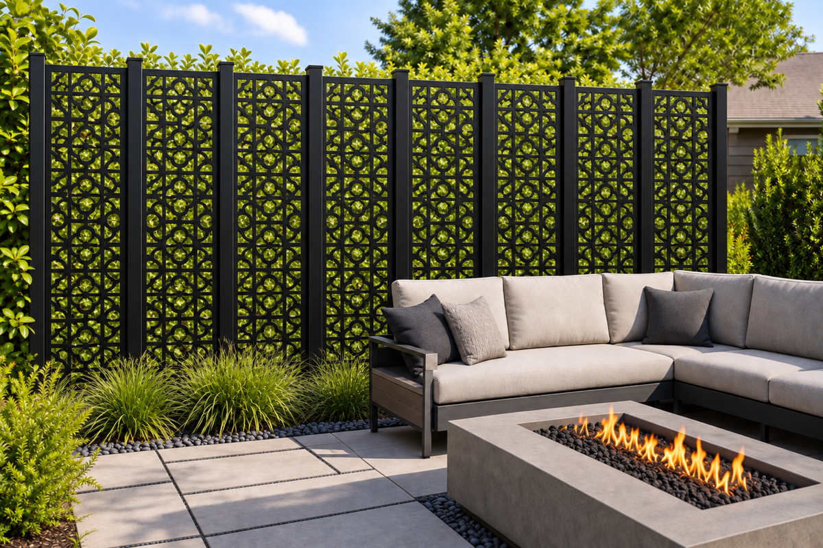 Design 234 Round Key Lattice Laser Cut Metal Privacy Screen Panel installed garden daylight view