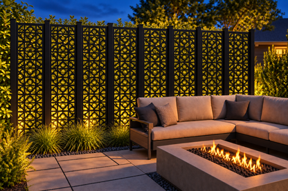 Design 234 Round Key Lattice Laser Cut Metal Privacy Screen Panel installed garden night lighting view