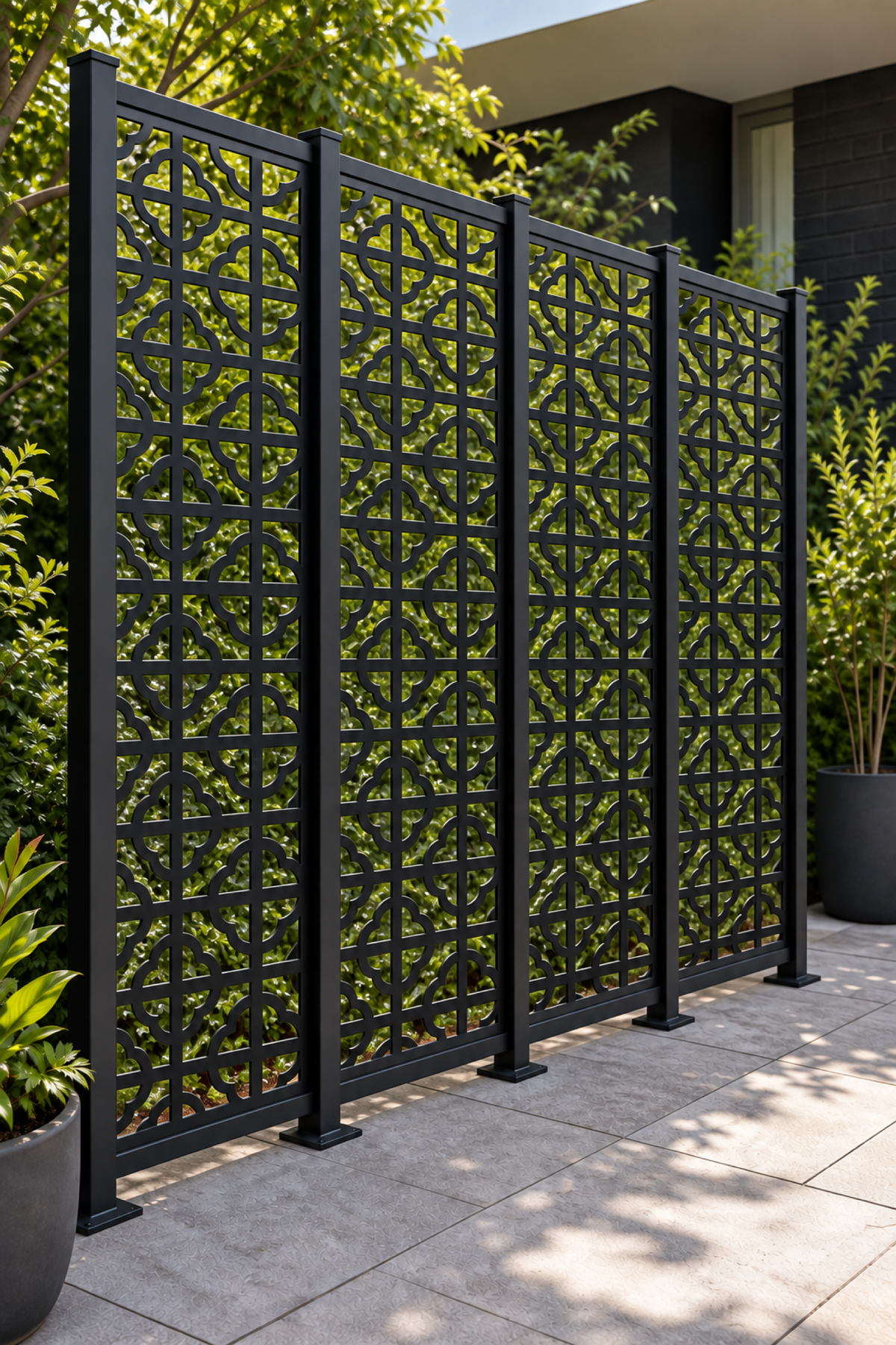 Design 234 Round Key Lattice Laser Cut Metal Privacy Screen Panel oblique angle view