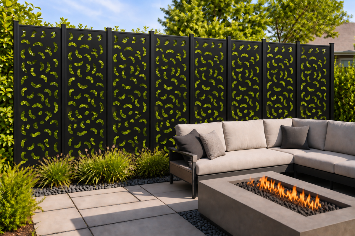 Design 235 Crescent Scatter Laser Cut Metal Privacy Screen Panel installed garden daylight view