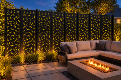 Design 235 Crescent Scatter Laser Cut Metal Privacy Screen Panel installed garden night lighting view