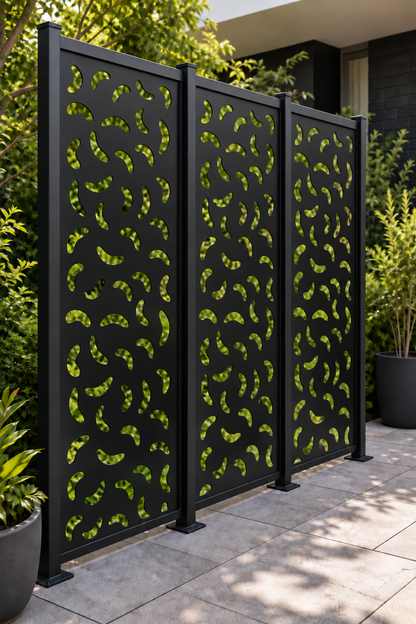 Design 235 Crescent Scatter Laser Cut Metal Privacy Screen Panel oblique angle view