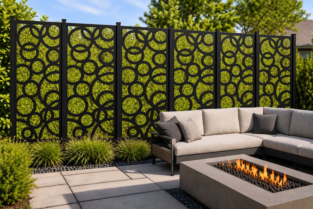 Design 236 Bubble Ring Mosaic Laser Cut Metal Privacy Screen Panel installed garden daylight view
