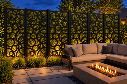 Design 236 Bubble Ring Mosaic Laser Cut Metal Privacy Screen Panel installed garden night lighting view
