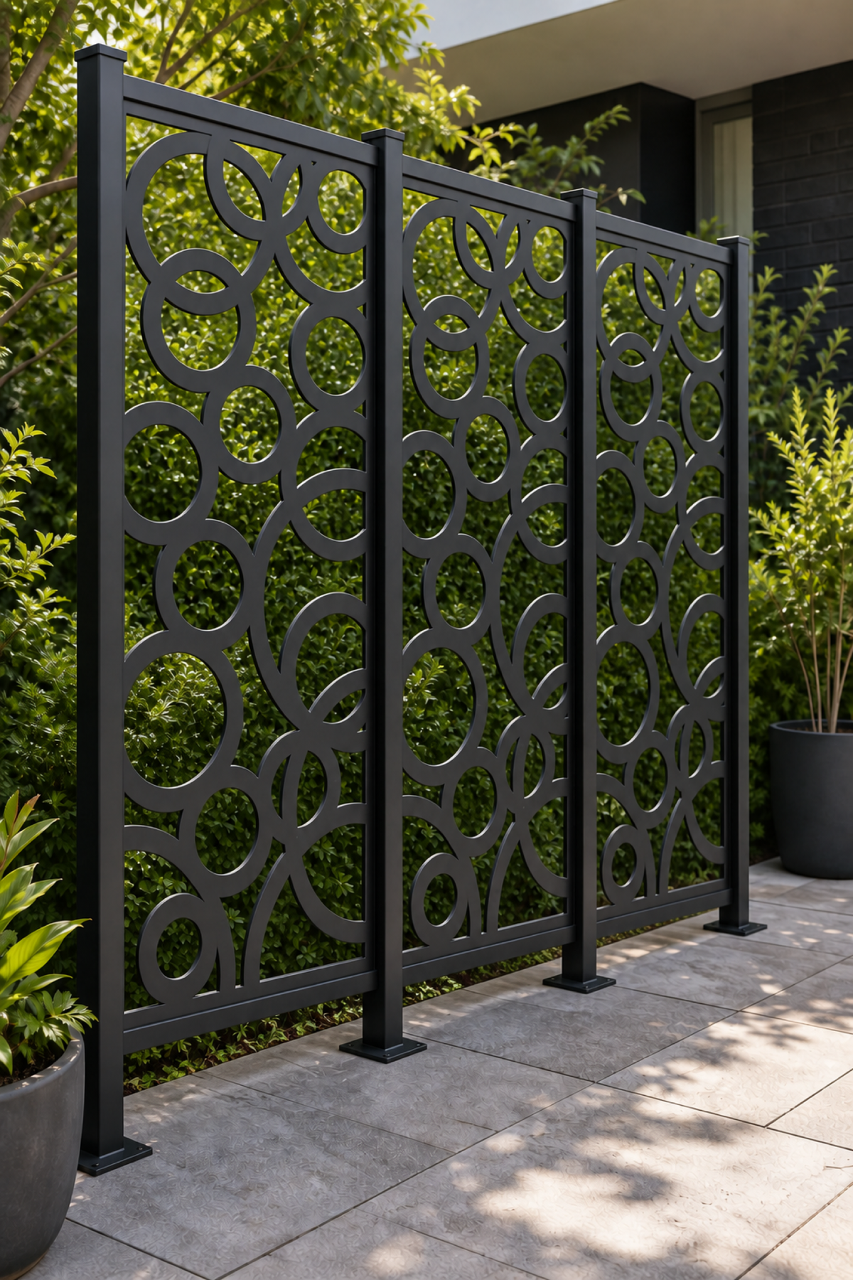 Design 236 Bubble Ring Mosaic Laser Cut Metal Privacy Screen Panel oblique angle view