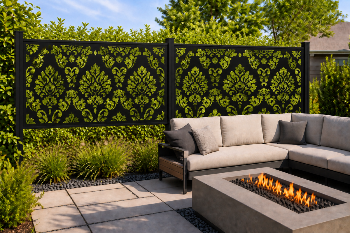 Design 237 Damask Floral Border Laser Cut Metal Privacy Screen Panel installed garden daylight view